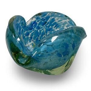Murano Glass Blue Green Confetti Mottled Cigar Ashtray Hand Blown Centerpiece